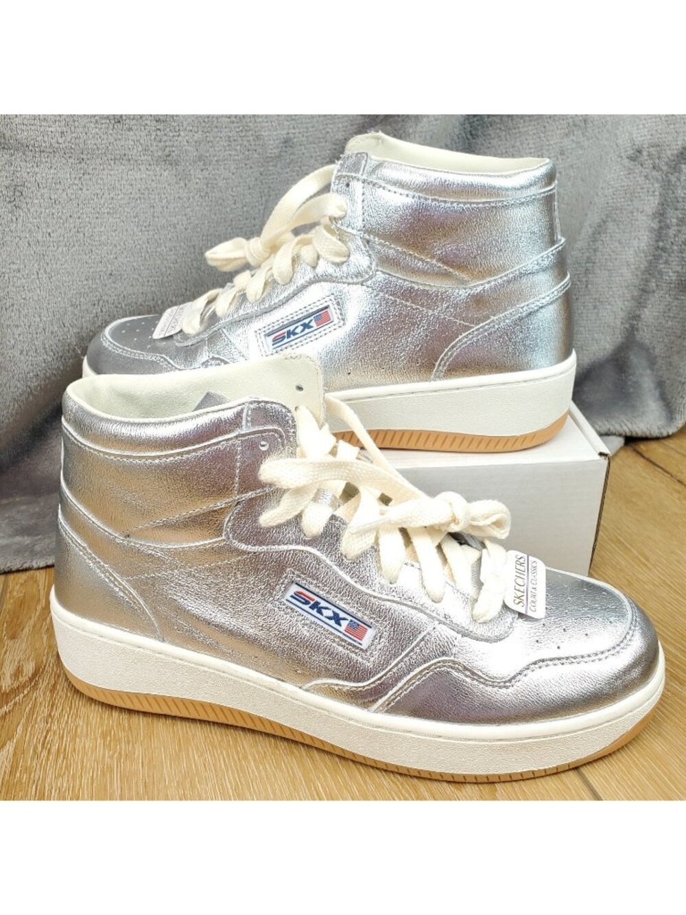 Skechers Court High Tops Metallic Silver Womens 8 Moon Y3K Futuristic Leather